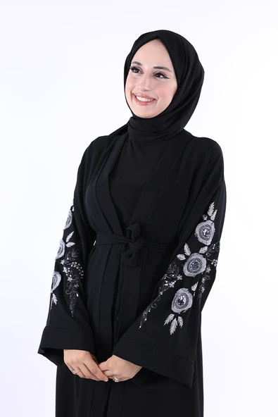 Nakış İşleme Detaylı Bel Kuşaklı Abaya 7898 Siyah - Resim 5