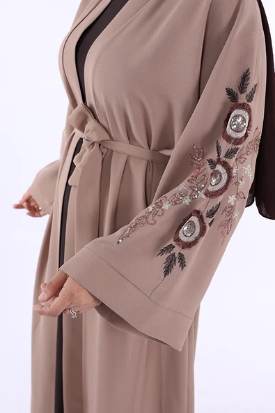 Nakış İşleme Detaylı Bel Kuşaklı Abaya 7898 Vizon - 4