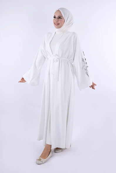 Nakış İşleme Detaylı Bel Kuşaklı Abaya 7898 Ekru - Resim 2