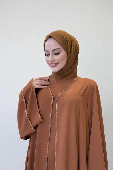 Taş İşleme Detaylı Elbise Abaya Takım 3873 Taba - Resim 4