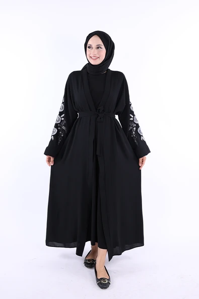 Nakış İşleme Detaylı Bel Kuşaklı Abaya 7898 Siyah - Resim 3