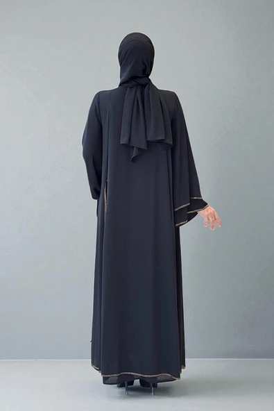Taş İşleme Detaylı Elbise Abaya Takım 3873 Siyah - Resim 2