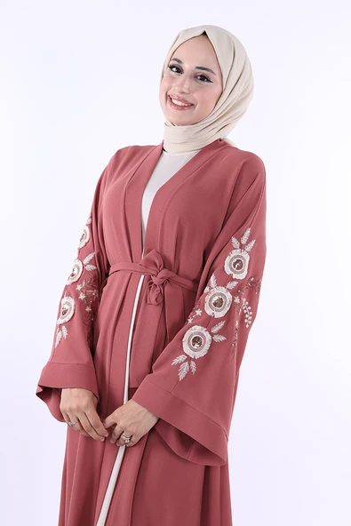 Nakış İşleme Detaylı Bel Kuşaklı Abaya 7898 Gül Kurusu - Resim 5
