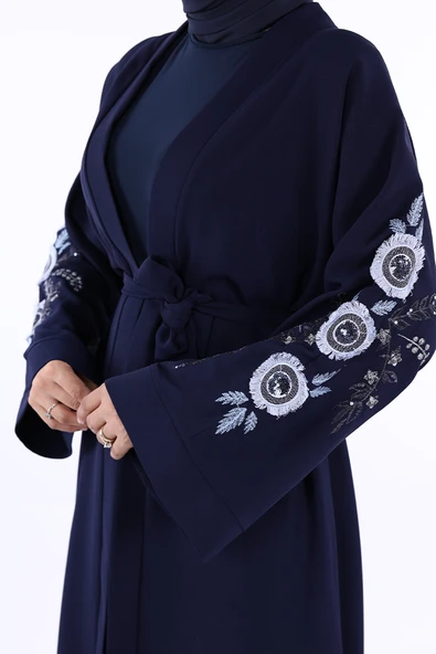 Nakış İşleme Detaylı Bel Kuşaklı Abaya 7898 Lacivert ürün görseli