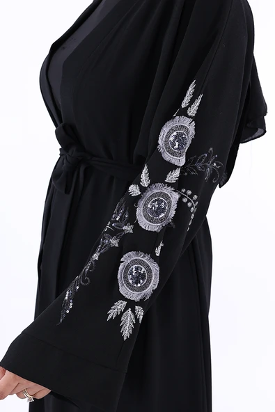 Nakış İşleme Detaylı Bel Kuşaklı Abaya 7898 Siyah - Resim 4