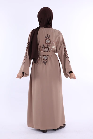 Nakış İşleme Detaylı Bel Kuşaklı Abaya 7898 Vizon - 2