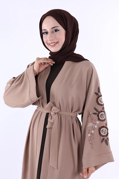 Nakış İşleme Detaylı Bel Kuşaklı Abaya 7898 Vizon - 3