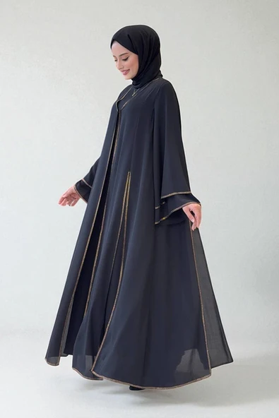 Taş İşleme Detaylı Elbise Abaya Takım 3873 Siyah - Resim 3