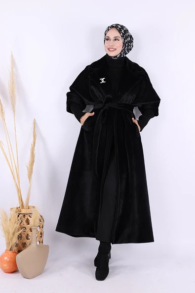 Bel Kuşaklı Yaka Taş Broş Detaylı Uzun Kaban 7923 Siyah - Resim 3