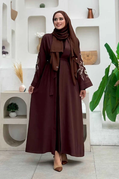 Nakış İşleme Detaylı Bel Kuşaklı Abaya 7898 Kahverengi