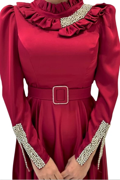 Fırfırlı Taş Detaylı Kemer Aksesuarlı Saten Abiye Elbise 1155 Bordo - Resim 2