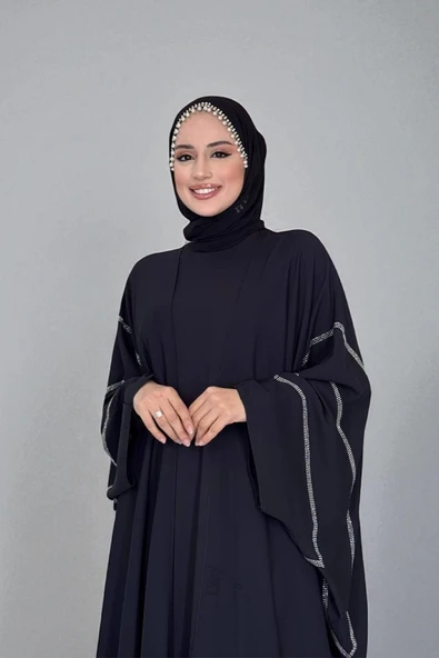 Taş İşleme Detaylı Elbise Abaya Takım 3873 Siyah - Resim 4