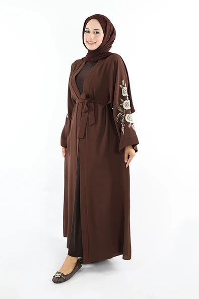 Nakış İşleme Detaylı Bel Kuşaklı Abaya 7898 Kahverengi - Resim 3