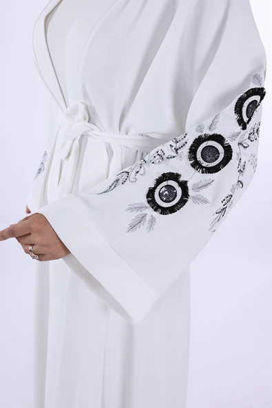 Nakış İşleme Detaylı Bel Kuşaklı Abaya 7898 Ekru - Resim 3