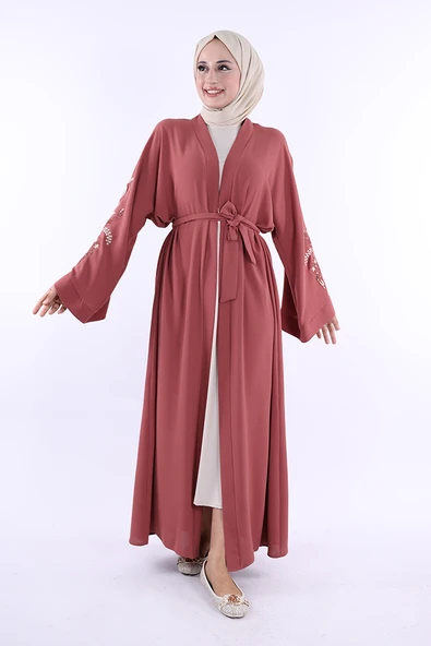 Nakış İşleme Detaylı Bel Kuşaklı Abaya 7898 Gül Kurusu ürün görseli