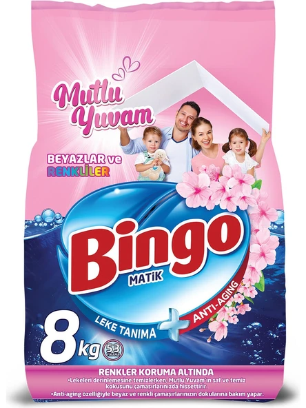 Bingo Matik Toz Çamaşır Deterjanı 8KG Beyazlar ve Renkliler 53 Yıkama (Mutlu Yuvam)