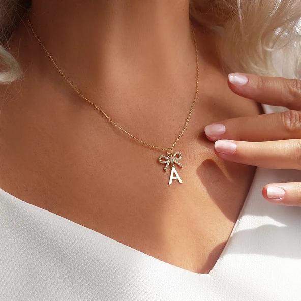 Vaoov 925 Ayar Gümüş Taşlı Kurdele Harf Kolye 55905304 - Resim 2