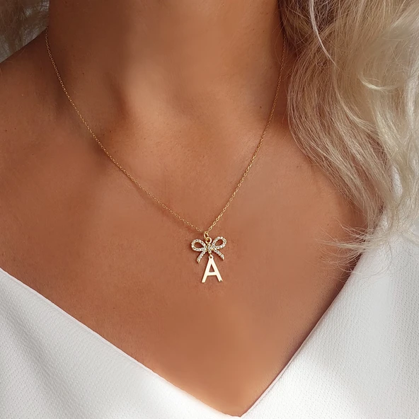 Vaoov 925 Ayar Gümüş Taşlı Kurdele Harf Kolye 55905304 - Resim 4