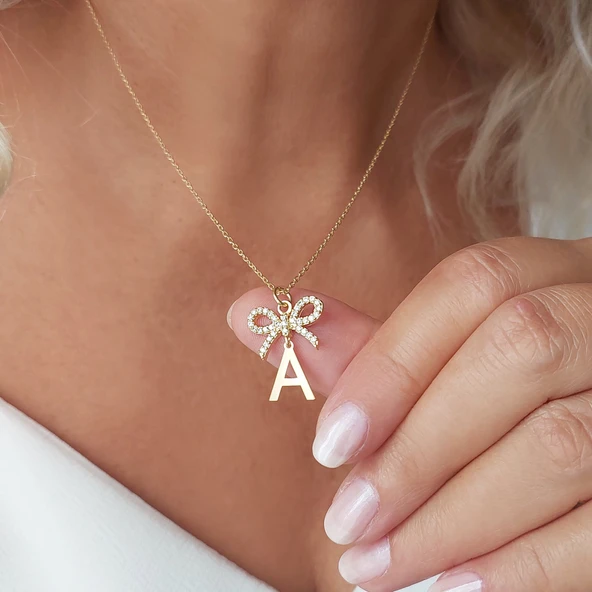 Vaoov 925 Ayar Gümüş Taşlı Kurdele Harf Kolye 55905304 - Resim 5