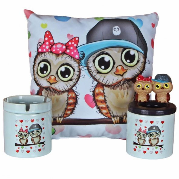 Best Friends Baykuş Puf Yastık Baykuş Seramik Küllük Baykuş Biblolu Kalemlik Hediye Seti