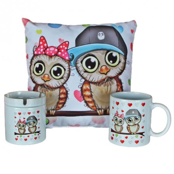 Best Friends Baykuş Puf Yastık Baykuş Seramik Küllük Seramik Kupa Hediye Seti