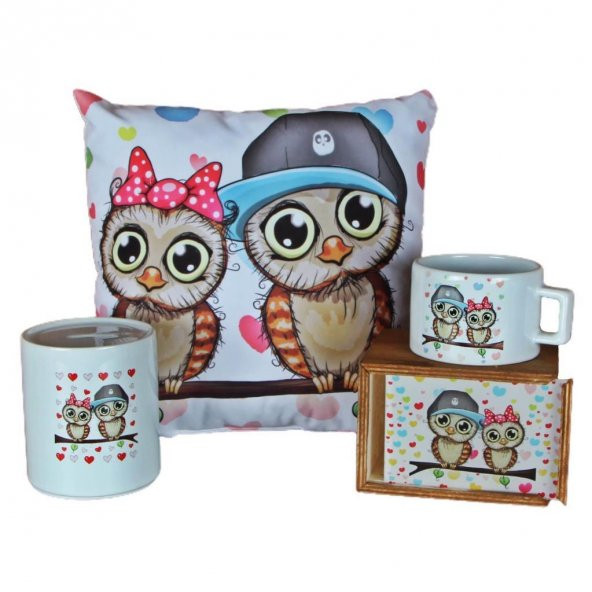 Best Friends Baykuş Puf Yastık Baykuş Ahşap Kutulu Kupa Baykuş Seramik Kumbara Hediye Seti