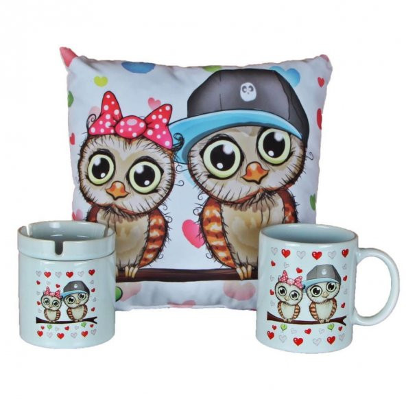Best Friends Baykuş Puf Yastık Seramik Küllük Baykuş Kupa Hediye Seti