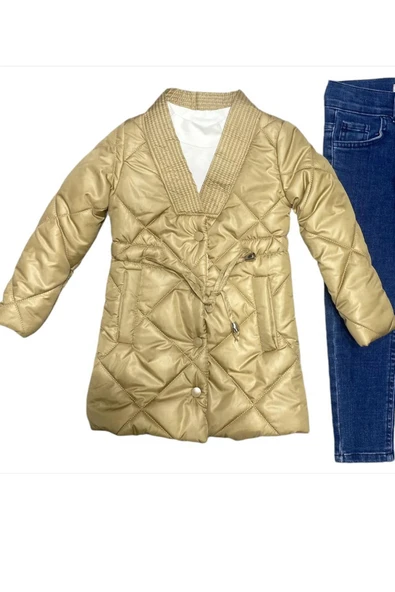 Kız Çocuk Balıkçı Yaka Kazak Jean Pantolon Hediyeli Cıtcıt Krem Şişme Mont - 7