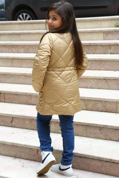 Kız Çocuk Balıkçı Yaka Kazak Jean Pantolon Hediyeli Cıtcıt Krem Şişme Mont - 3