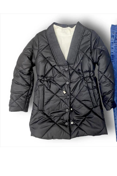 Kız Çocuk Balıkçı Yaka Kazak Jean Pantolon Hediyeli Cıtcıt Siyah Şişme Mont - 4