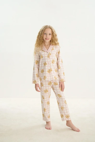 ZEYZEY 8758 Kız Çocuk Önden Düğmeli Uzun Kol Pijama Takım - Resim 3