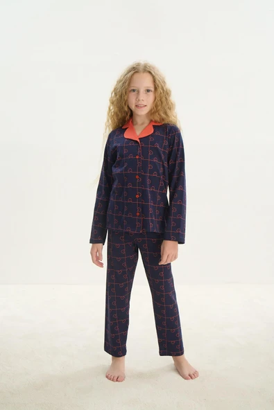 ZEYZEY 8710 Kız Çocuk Yakalı Önden Düğmeli Uzun Kol Pijama Takım - 3