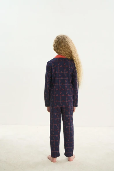 ZEYZEY 8710 Kız Çocuk Yakalı Önden Düğmeli Uzun Kol Pijama Takım - 7