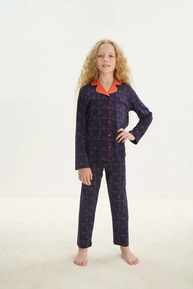 ZEYZEY 8710 Kız Çocuk Yakalı Önden Düğmeli Uzun Kol Pijama Takım - 5