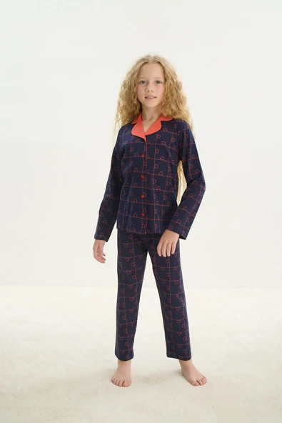 ZEYZEY 8710 Kız Çocuk Yakalı Önden Düğmeli Uzun Kol Pijama Takım - 4