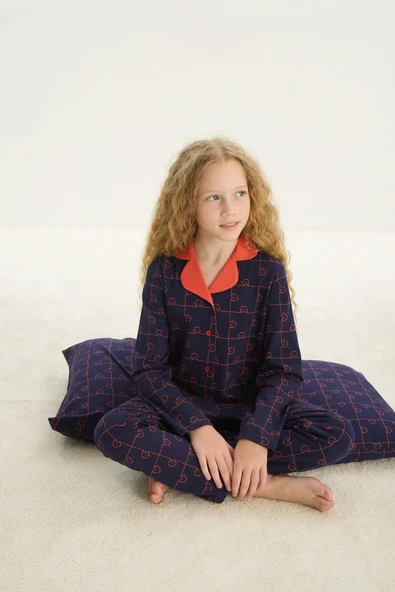 ZEYZEY 8710 Kız Çocuk Yakalı Önden Düğmeli Uzun Kol Pijama Takım - 2