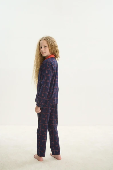 ZEYZEY 8710 Kız Çocuk Yakalı Önden Düğmeli Uzun Kol Pijama Takım - 6