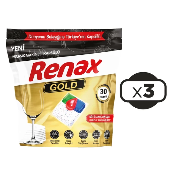 Renax Gold Bulaşık Makinesi Kapsülü Hepsi Bir Arada 30 lu x 3 Adet (90 Kapsül) - 2