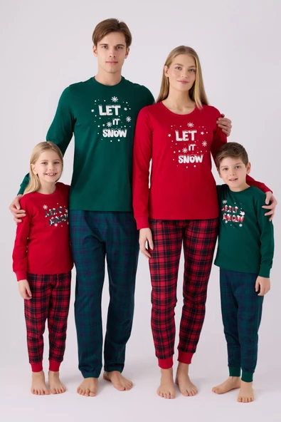 Arnetta 3105 Noel Kadın Let İt Snow Ekose Kırmızı Uzun Kol Pijama Takım - 7