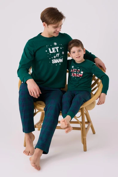 Arnetta 3131 Garson Noel Let İt Snow Erkek Çocuk Yeşil Uzun Kol Pijama Takım - 6