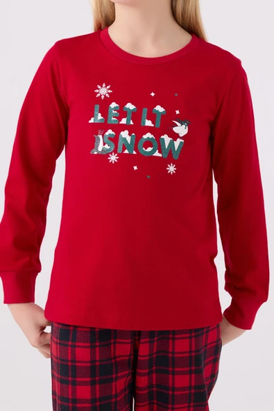 Arnetta 3105 Noel Let İt Snow Kız Çocuk Kırmızı Uzun Kol Pijama Takım - 4