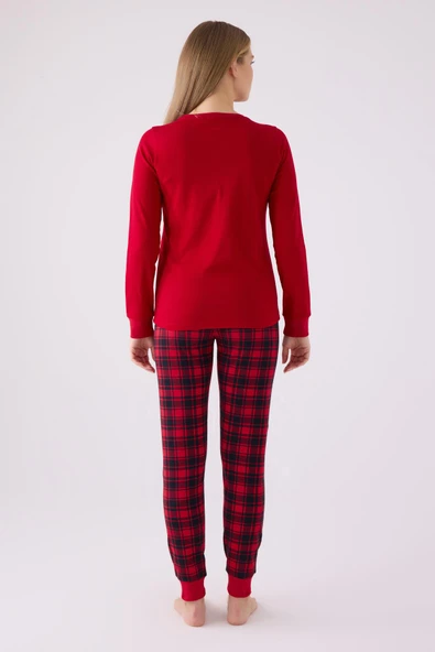 Arnetta 3105 Noel Kadın Let İt Snow Ekose Kırmızı Uzun Kol Pijama Takım - 5