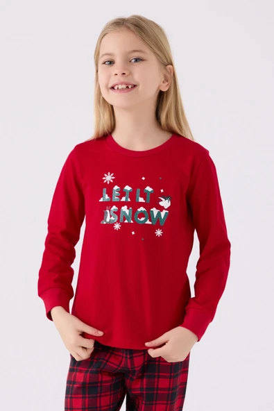 Arnetta 3105 Garson Noel Let İt Snow Kız Çocuk Kırmızı Uzun Kol Pijama Takım - 3