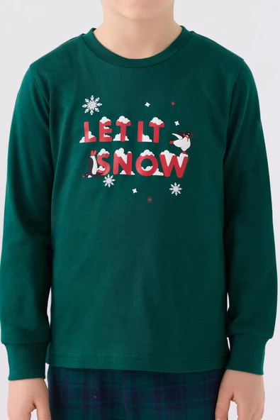 Arnetta 3131 Noel Let İt Snow Erkek Çocuk Yeşil Uzun Kol Pijama Takım - 4