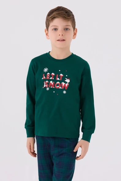 Arnetta 3131 Garson Noel Let İt Snow Erkek Çocuk Yeşil Uzun Kol Pijama Takım - 3