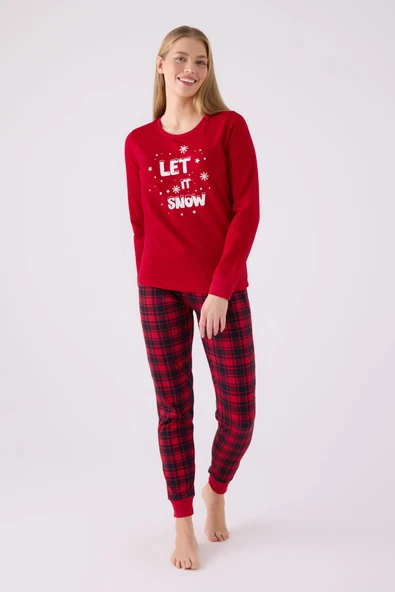 Arnetta 3105 Noel Kadın Let İt Snow Ekose Kırmızı Uzun Kol Pijama Takım - 2