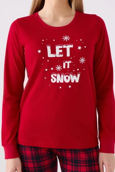 Arnetta 3105 Noel Kadın Let İt Snow Ekose Kırmızı Uzun Kol Pijama Takım - 4