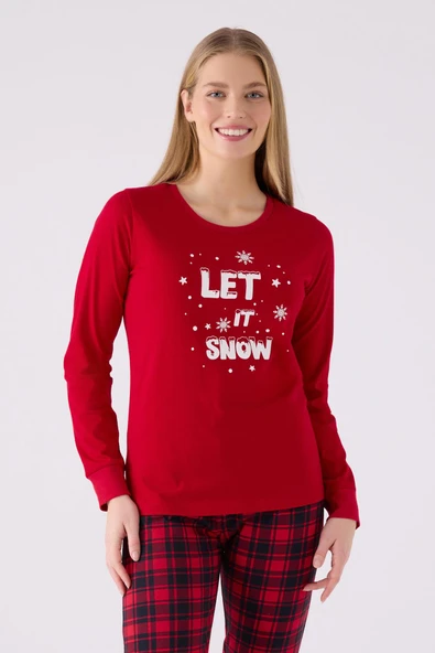Arnetta 3105 Noel Kadın Let İt Snow Ekose Kırmızı Uzun Kol Pijama Takım - 3