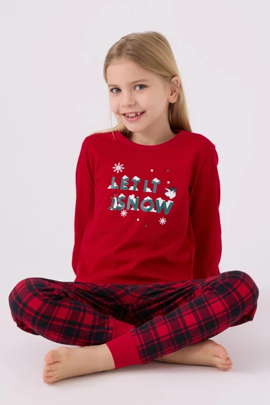 Arnetta 3105 Noel Let İt Snow Kız Çocuk Kırmızı Uzun Kol Pijama Takım - 2