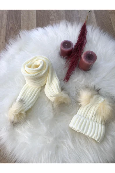 Kız Bebek Çift Ponponlu Atkı Bere Takımı 4/14 yaş